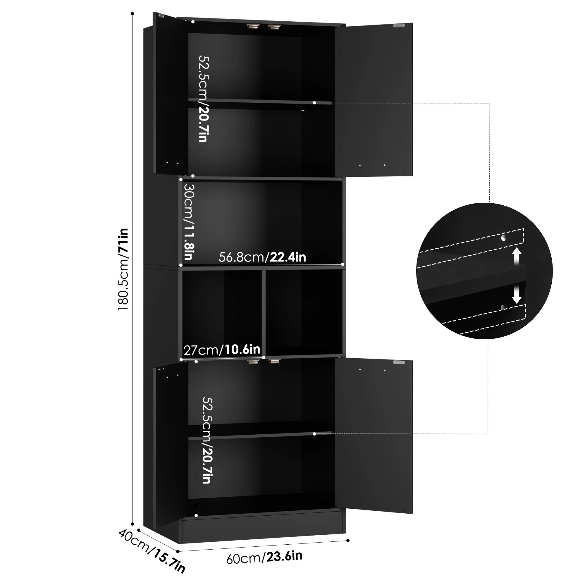 Getone Hochschrank Badschrank Badezimmerschrank Küchenschrank Mit Tür, offenem Fach, verstellbarer Trennwand 180x60x40cm