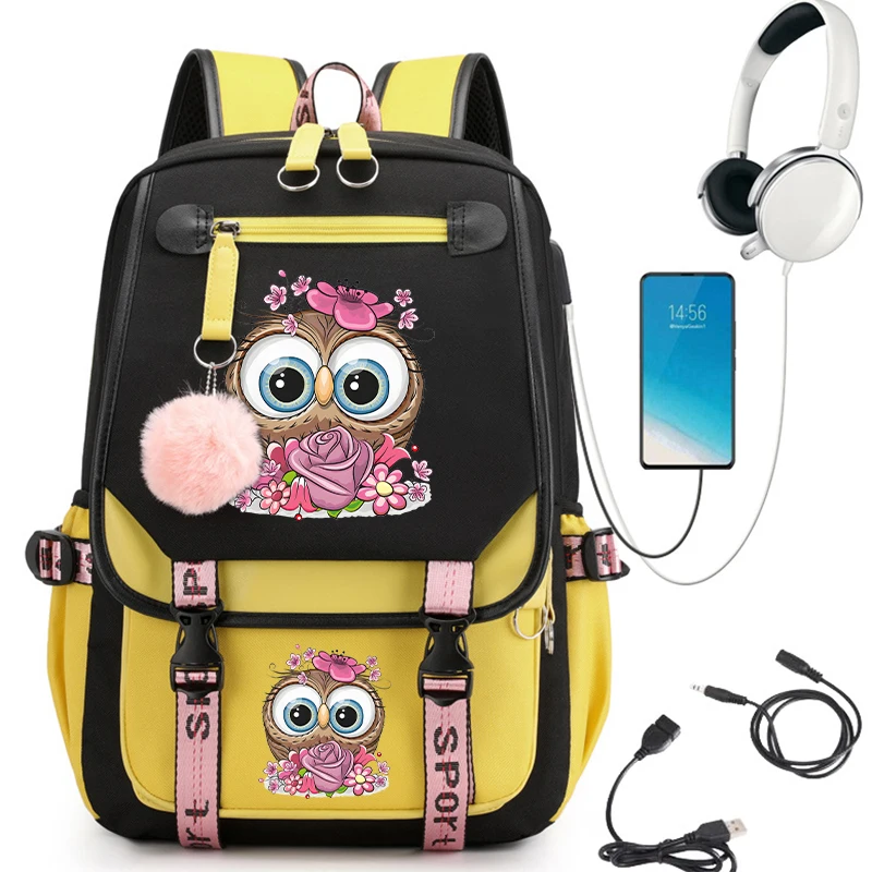 Coruja com Flower Print Mochila para Meninas, Sacos para Adolescentes, Cute Kawaii Bagpack, USB, Estudantes da Escola Primária, Bookbag