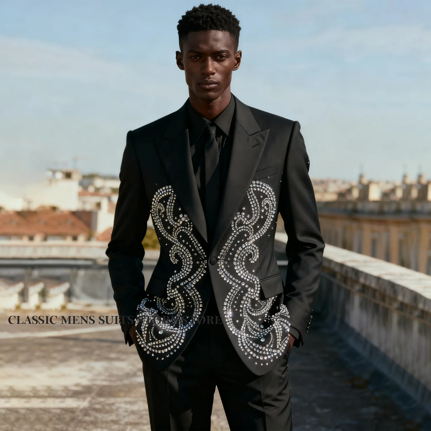 

Customized Luxury Rhinestones Diamond Men Suits Formal Wedding Tuxedos Slim Fit Ropa hombre 2 Pieces Sets Groom Male Blazers