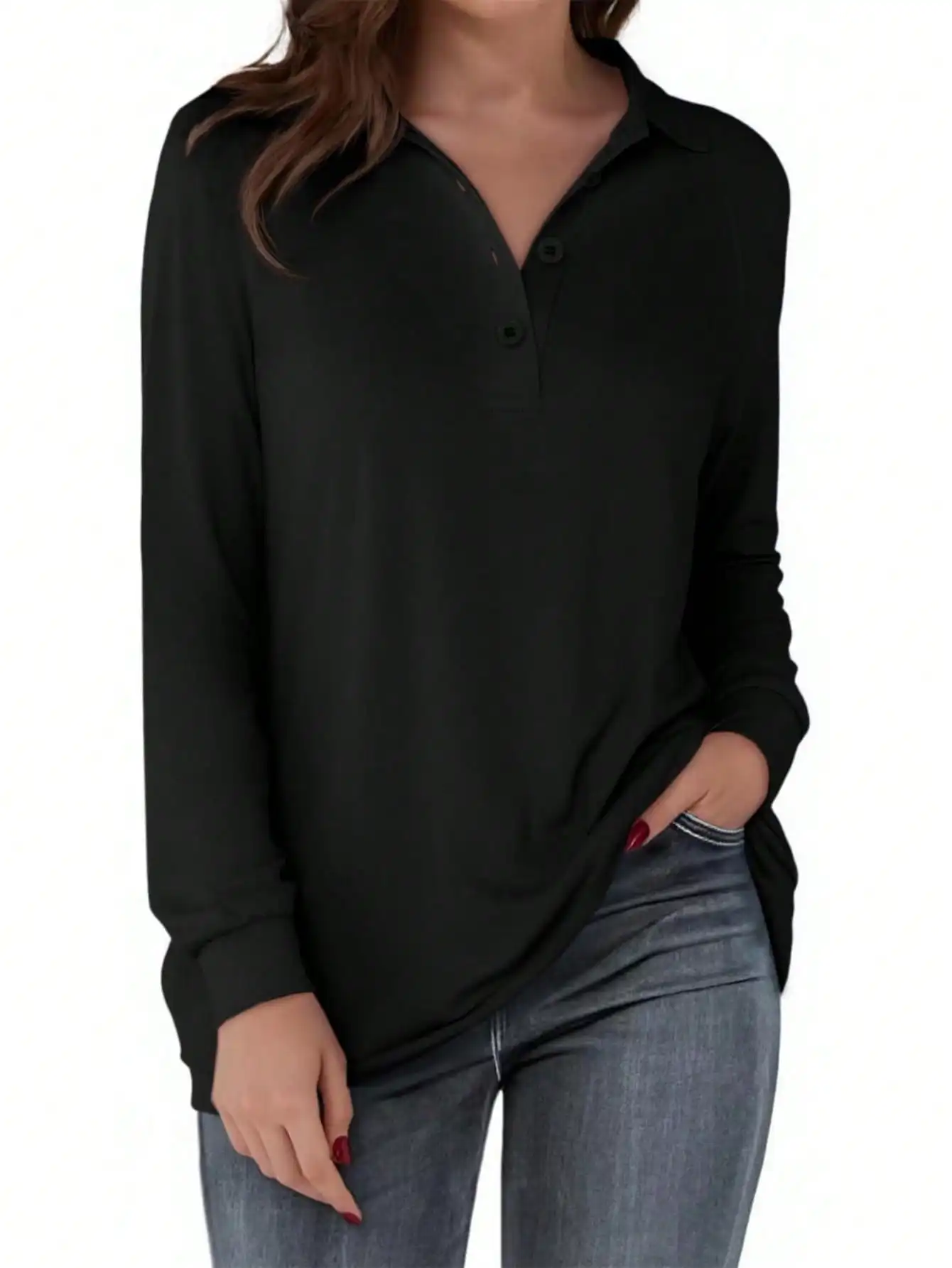 

Fisoew женская повседневная толстовка с длинным рукавом и воротником на пуговицах, свободный крой, осенний пуловер, топы