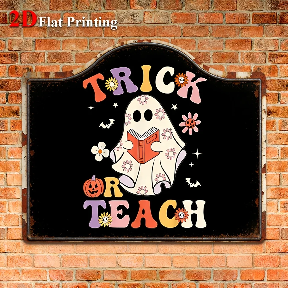 1pc 2D Flat Sign Artwork Depicting A Playful Ghost Engrossed In A Book With The Phrase 'Trick Or Teach', Ideal For Halloween