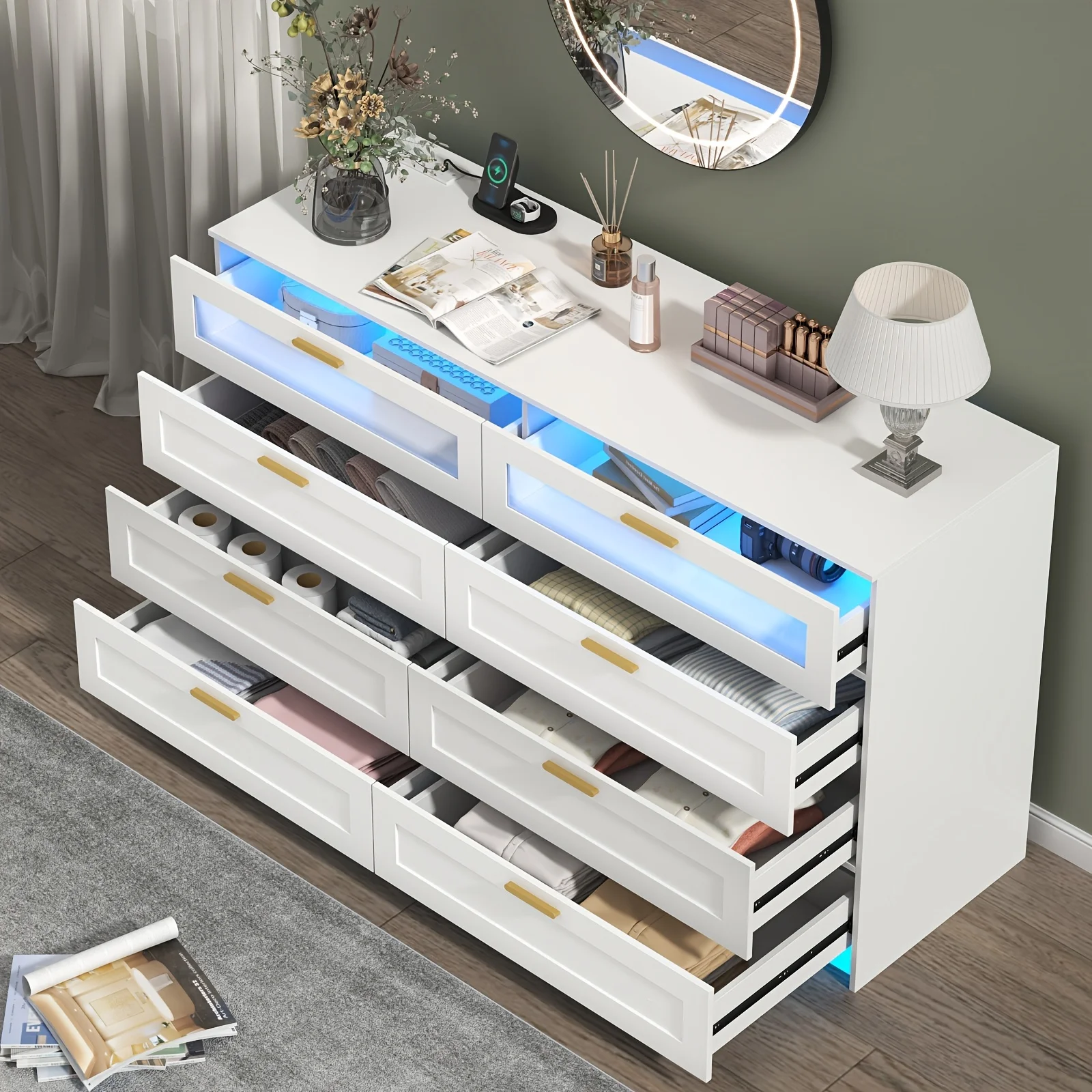 

8-Drawer Dresser, Bedroom 8-Tier Drawer Dressing Table, Drawer Storage Cabinet with Power Outlet and LED Lights, Wardrobe Storage and Organization Function, Home Furniture, Living Room Furniture, Storage Drawer Units