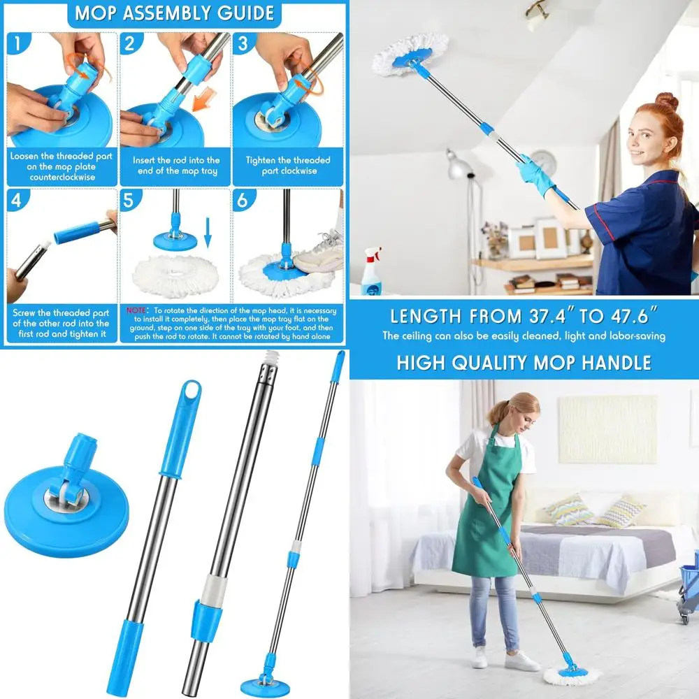 

Telescopic Spin Mop Handle, 360° Rotating Pole for Cleaning Heads, Blue Cute Design