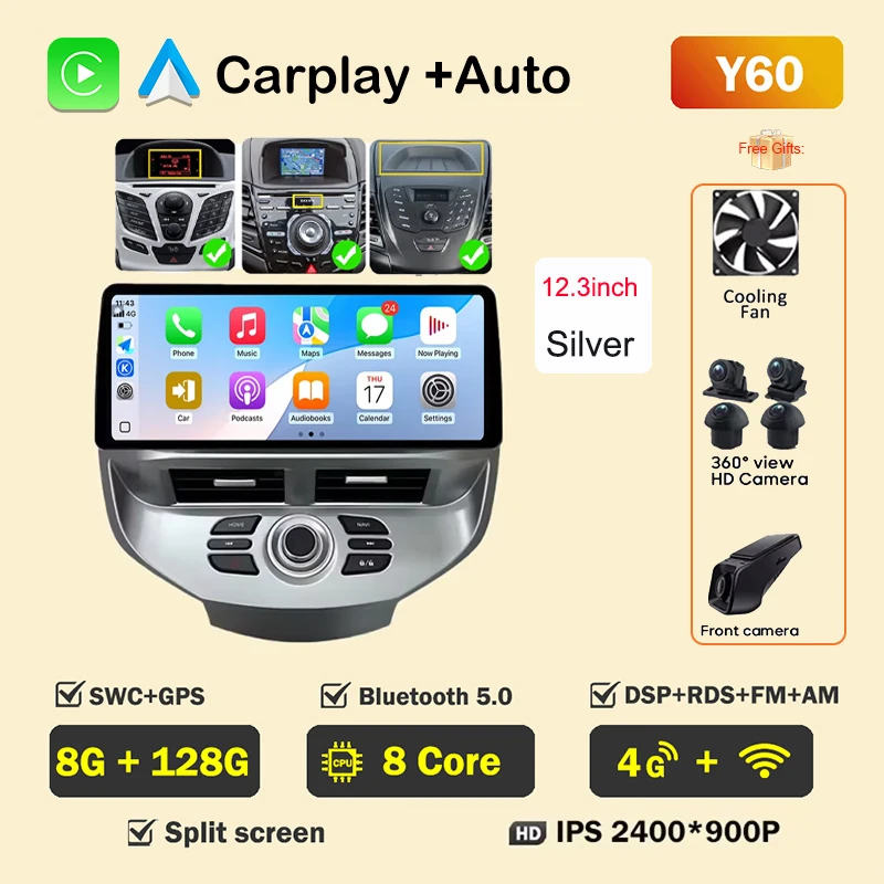 12.3 inch Car Radio For Ford Fiesta MK6 MK7 2009-2016 LHD RHD Android Multimedia Video Player GPS Wireless Carplay QLED Screen image 3