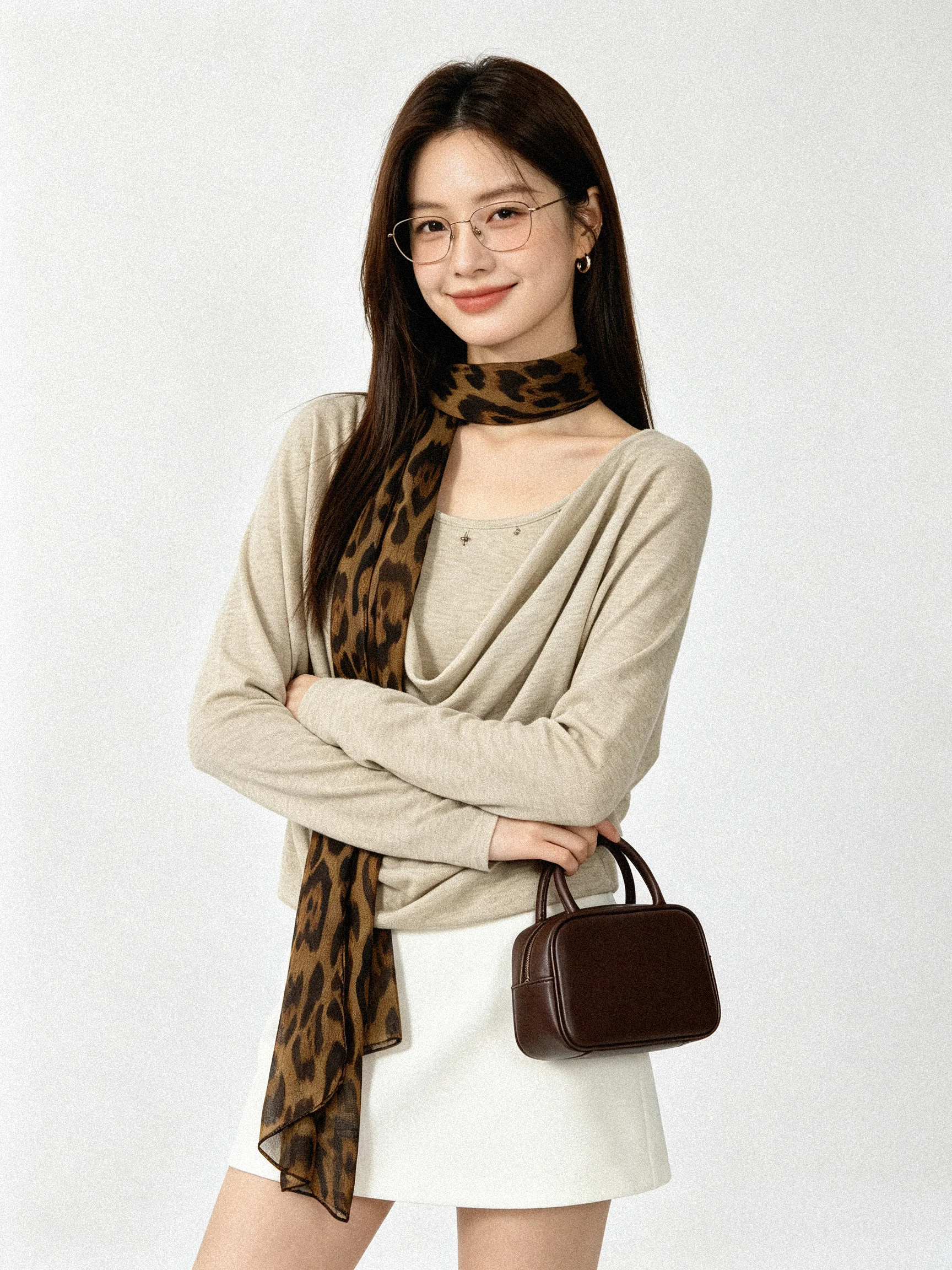 Retro Early Autumn Leopard Print Sash Swinging Neck High Knitwear Soft Slimming Atmosphere Top Fake Two-Piece Ladies T-shirt