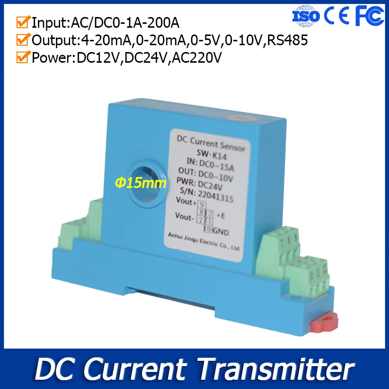 True RMS Current Transmitter Current Detection 4-20mA 0-20mA 0-5V 10V RS485 Output 15mm Perforated DC Hall Current Sensor