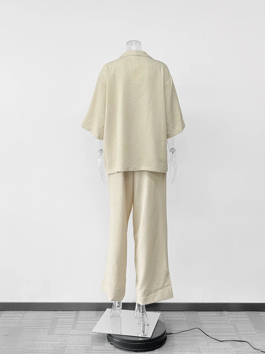 Parc Fee Casual Loose Khaki Linen Home 2 Piece Set Women 2025 Elegant Long Sleeve Shirt With High Waist Wide Pants Set Female