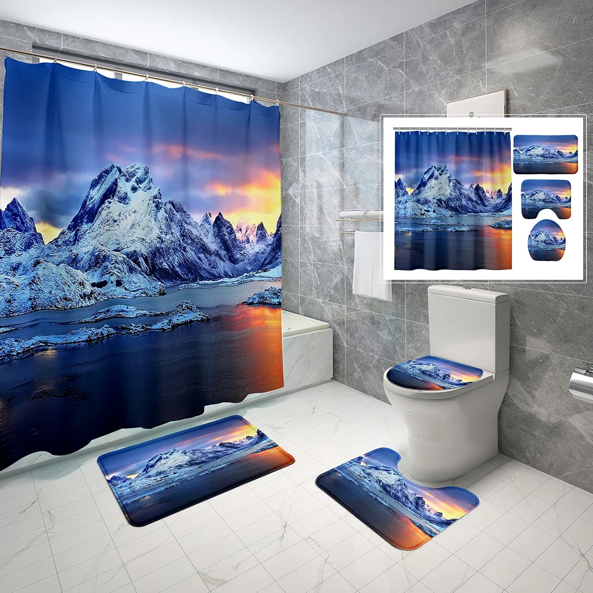 4 PCS Mountains with Snow Shower Curtain Set Winter Snow Covered Trees Shower Curtain Bathroom Non-Slip Bath Mat Toilet Cover