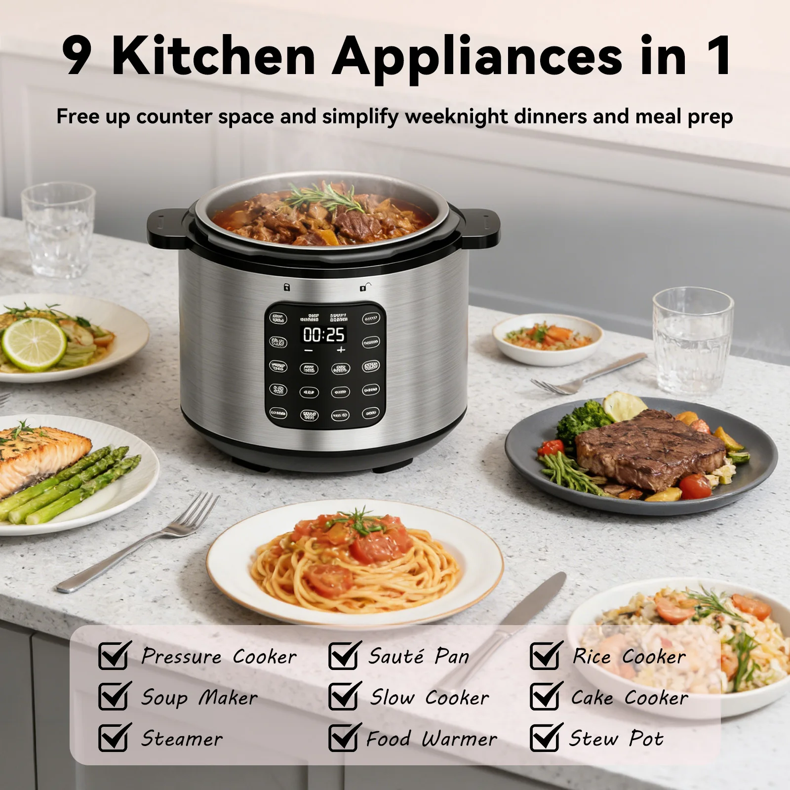 12-in-1 Electric Pressure Cooker 8 Quart, Rice Cooker, Steamer, Sauté, Warmer, Includes Free Recipes and Steam Rack