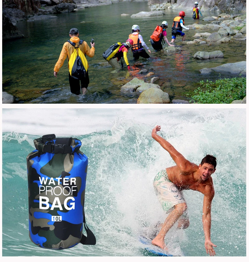 Saco Seco Portátil Camuflado Impermeável para Rafting e Mergulho 2/5/10/15/20/30L, Bolsas de Natação Revestidas em PVC para Trekking em Rios