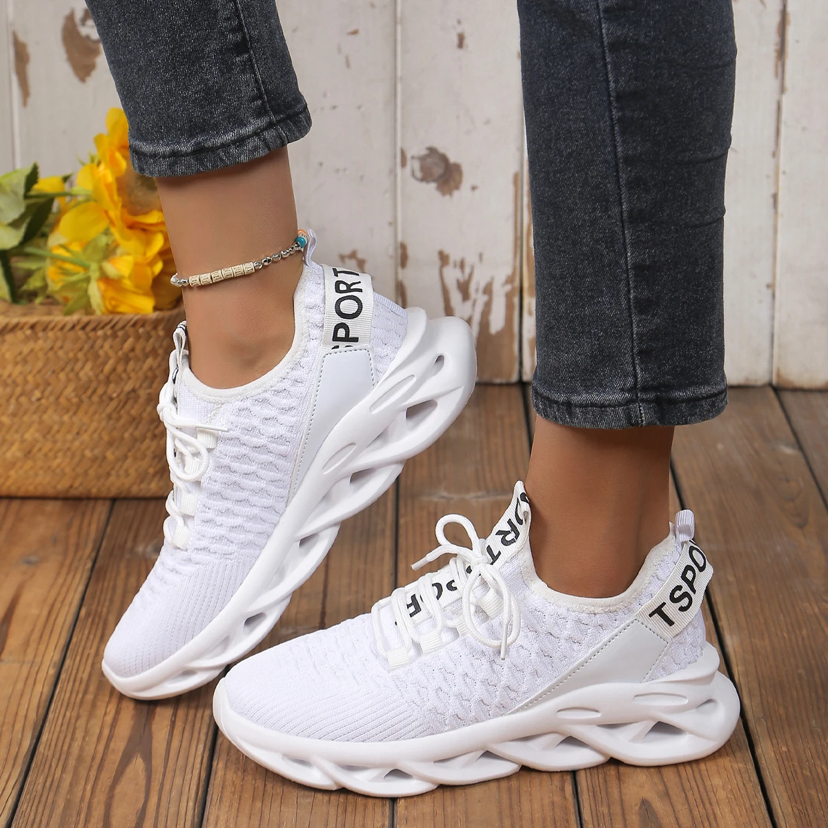 Women's lightweight Sneakers with Fish Scale Pattern, Lace Detailing, Stretchy Soft Sole, and Front Lace-Up Fabric for Running