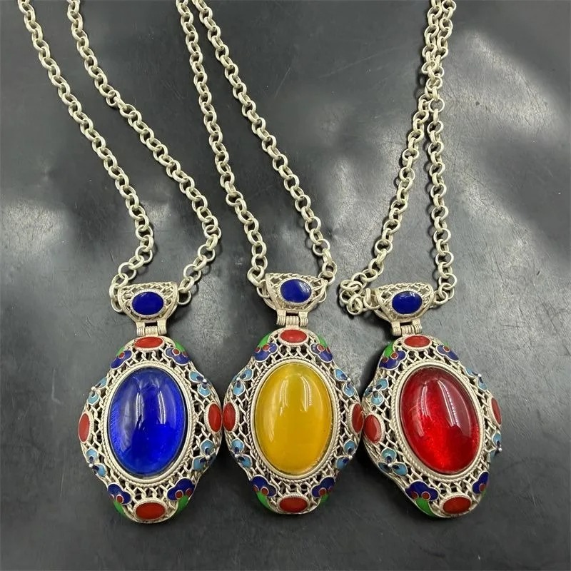 Tibetan‑Style Retro Distressed Pendant, Inlaid Oval Blue Gem, Red Sweater Chain Yellow Necklace Statement Neck Jewelry