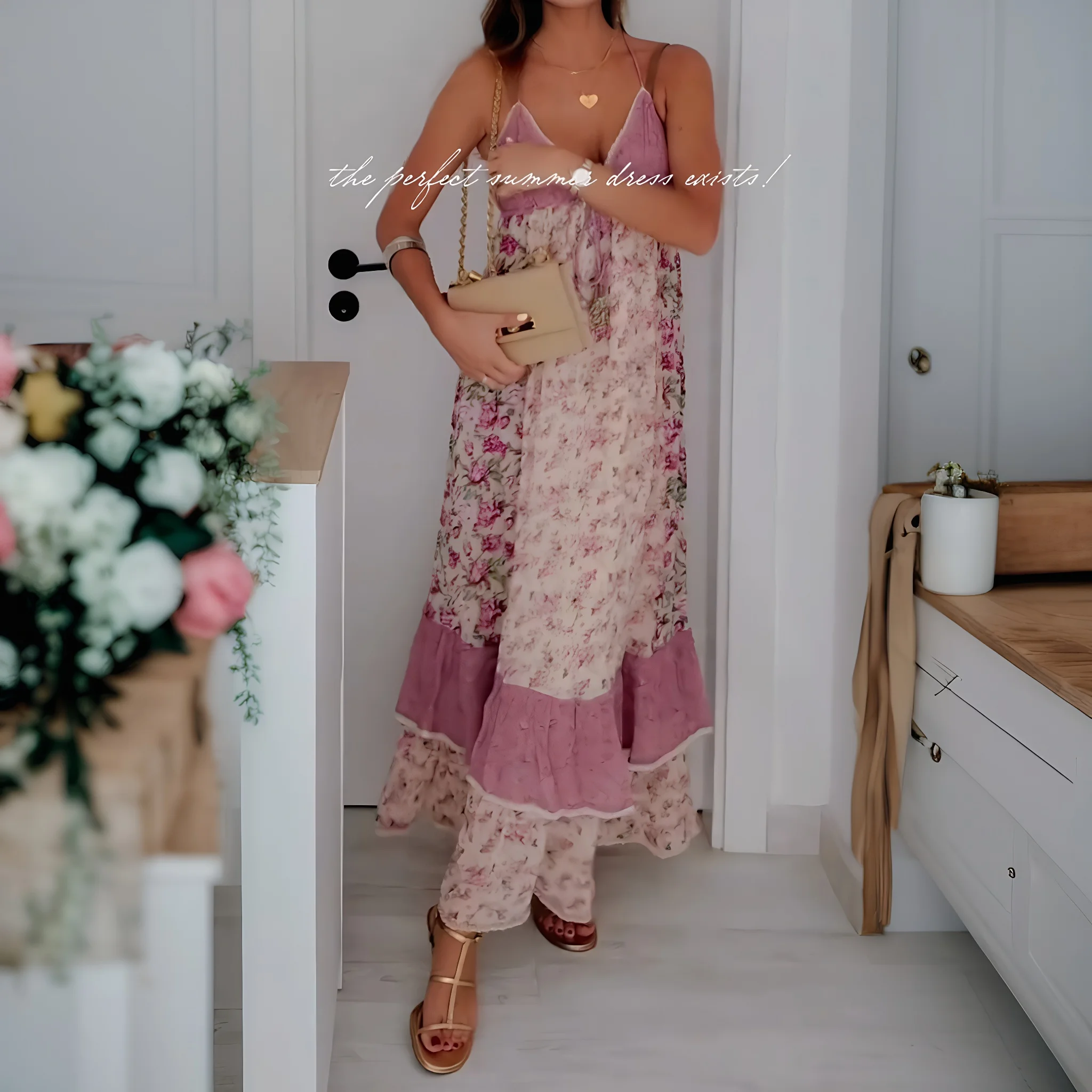 Sext Deep V Neck Summer Long Maxi Dress Women Boho Beach holiday Pink Floral Printed Strap Dresses Sleeveless A-line Loose Robe