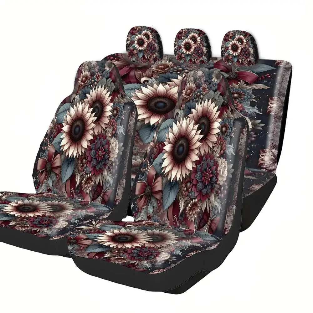 Trendy Print Car Seat Covers Full Set Fit Festive Premium Material Sunflowers Bows Flowers Comfortable Breathable Interior Upg