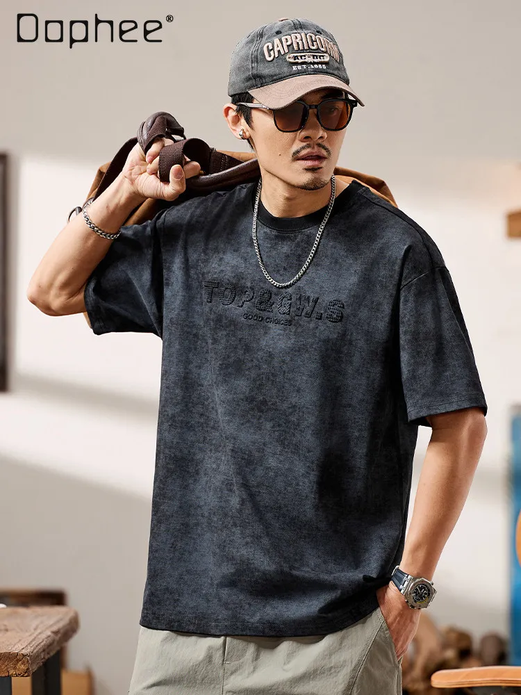 Men 3D Embossed Letter Round Neck Apricot T-shirt Summer New Black Tie Dye Oversized Loose Casual Short Sleeve Tee