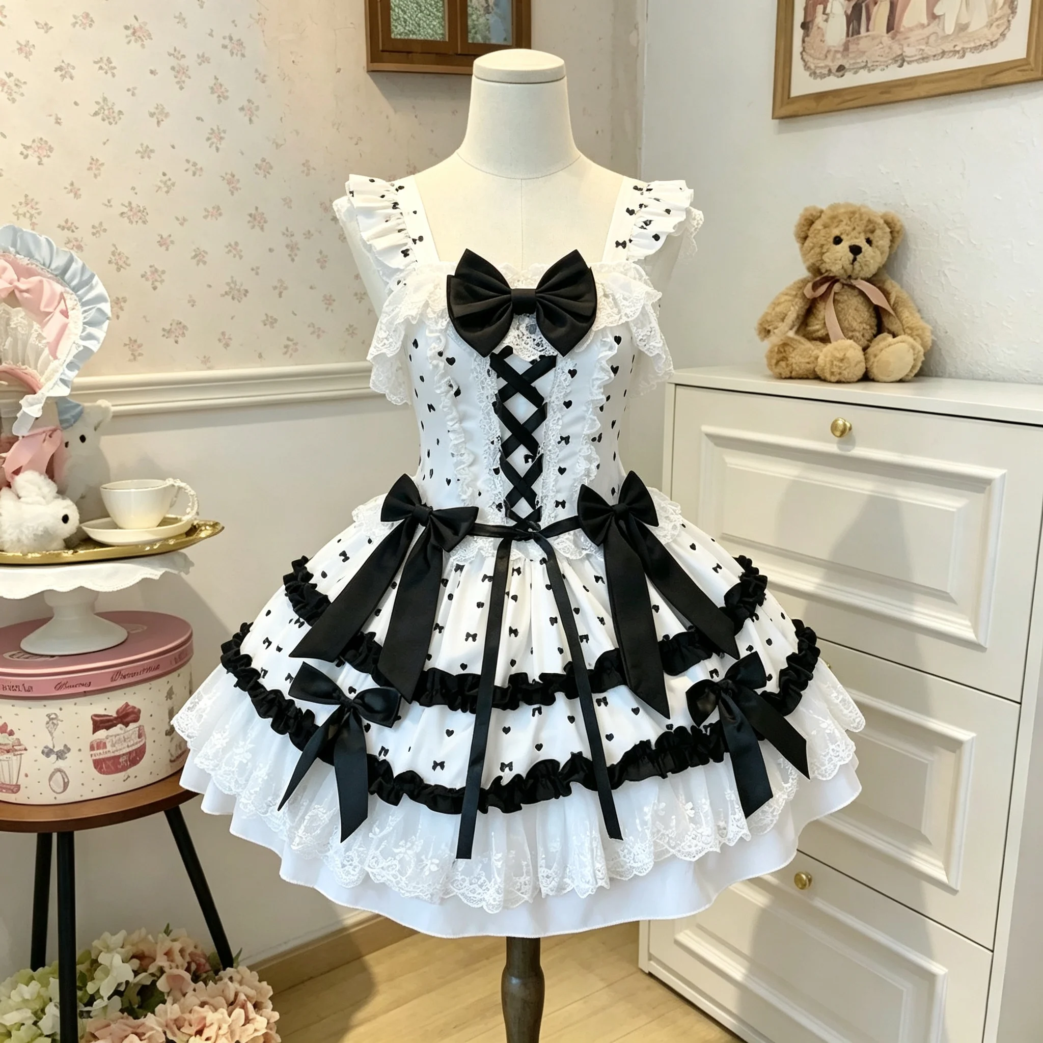 Japanese Sweet Lolita JSK Dress White Heart Dot Strap Lace Ruffle Big Bow Corset Lace Up Tiered Mini Skirt Y2K Sweet Dress