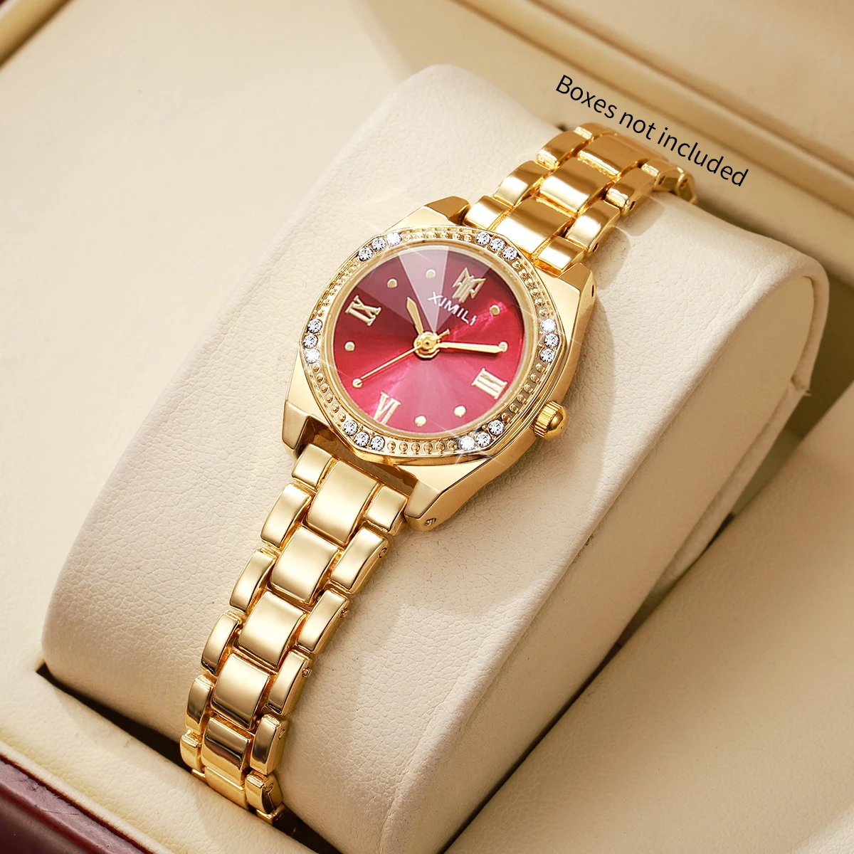 Luxury Rhinestone Red Dial Women Quartz Watch Stainless Steel Bracelet Ladies Dress Wristwatches Relogio Feminino（Without Box）