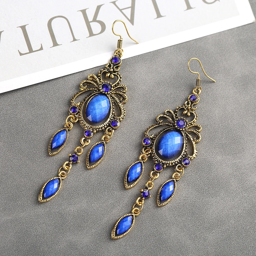 Vintage Palace Style Dangle Earrings for Women Elegant Long Acrylic Water Drop Tassel Earring Female Ethnic Jewelry Accessories