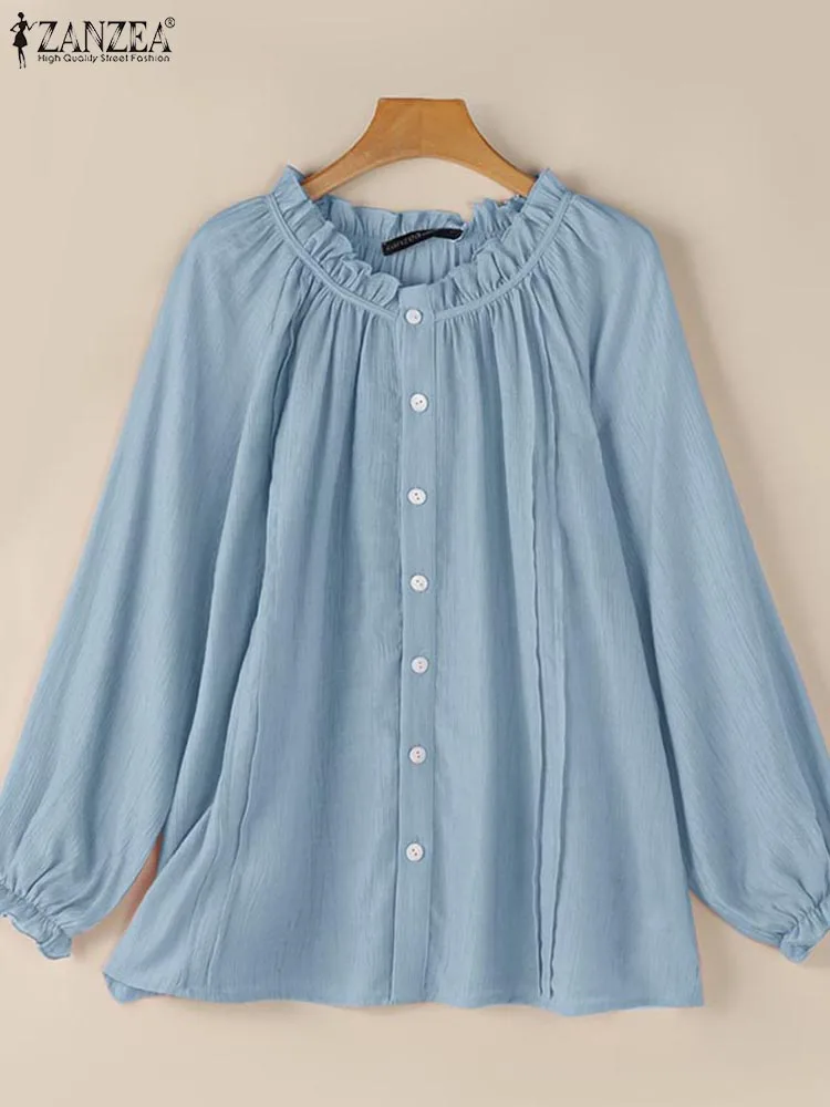 ZANZEA Fashion Women Long Sleeve Shirt Autumn Blouse Vintage Solid Ruffles Tops Tunic Casual Loose Work Blusas Mujer Chemise