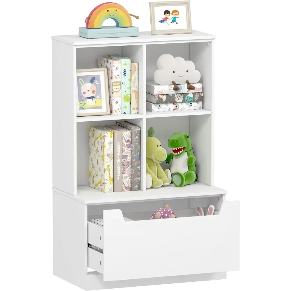 Kids Bookshelf and Toy Storage Organizer,Toddlers Bookcase with Cubbies Adjustable Wood Shelf for Bedroom,Playroom,Nursery,White