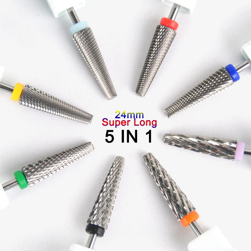 5-IN-1 24mm 슈퍼 롱 테이퍼드 카바이드 네일 드릴 비트 전동 네일 드릴 액세서리 매니큐어 버 네일 큐티클 밀링 커터