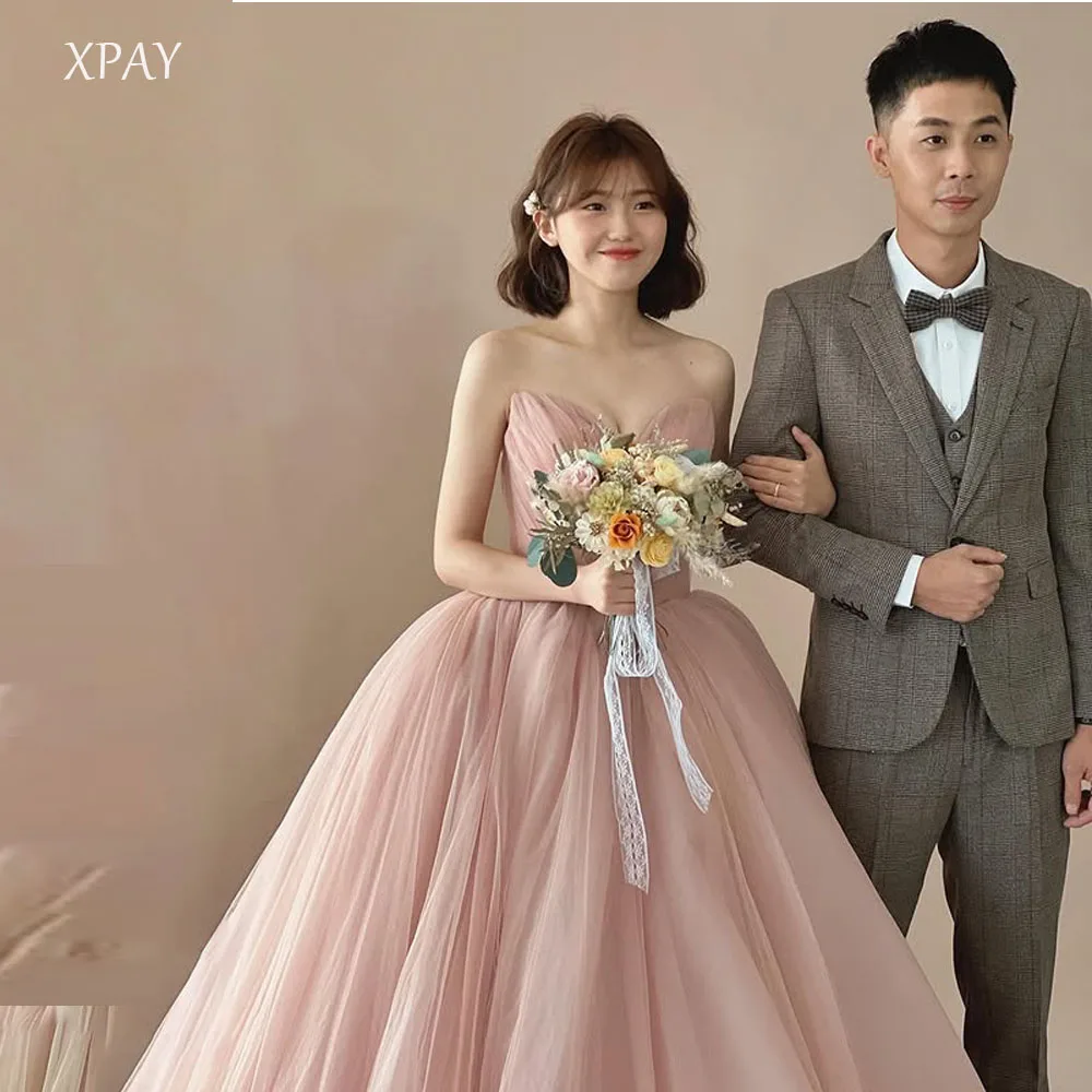 

XPAY Sweetheart Collar Fairy Pink Tulle Prom Dresses Korea Customised Wedding Photo shoot Floor-Length Pleat Evening Gown