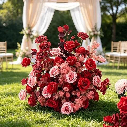 Red Pink Rose Artificial Flower Arrangement Wedding Table Centerpiece Floral Ball for Outdoor Lawn Ceremony Party Backdrop Decor