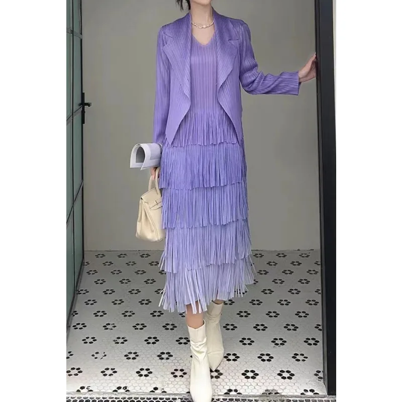 Miyake Pleated Women\'s Skirt Suit 2024 Autumn and Winter French High-end Gradient Tassel Dress Suit Collar Cardigan Jacket Women