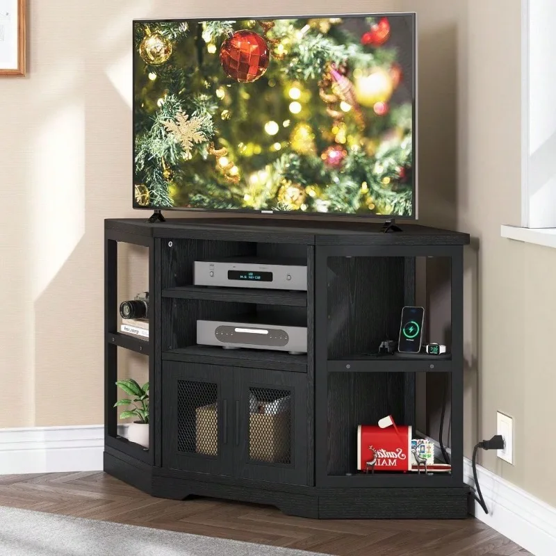 Farmhouse Corner TV Stand with Storage Power Outlets for 55 inch TV Console Entertainment Center for Living Room