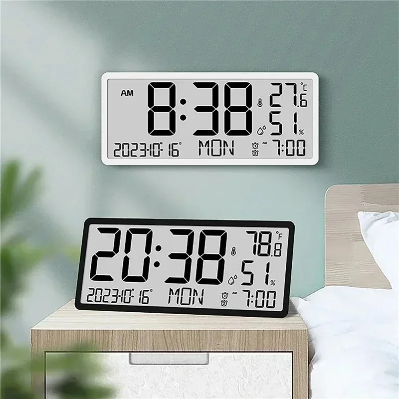 Relógio de parede digital lcd alimentado por bateria tela grande temperatura umidade relógio eletrônico data semana hora mudo relógio de mesa