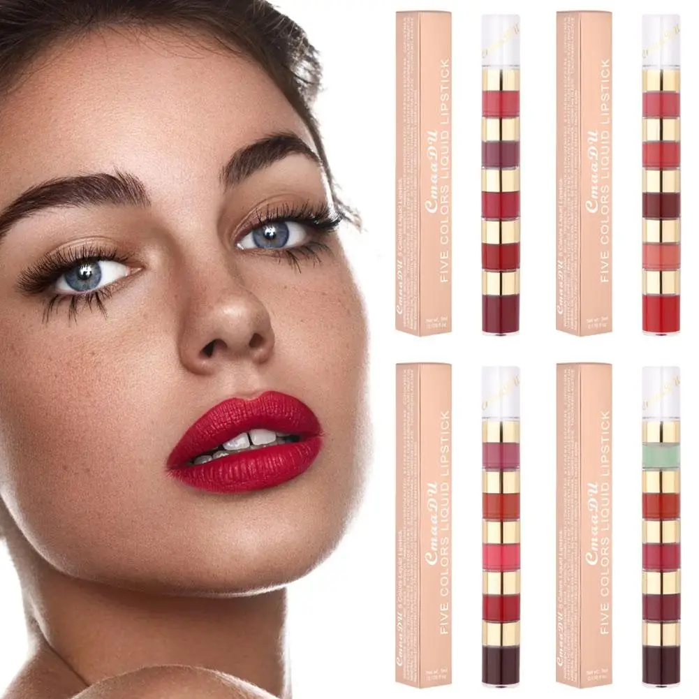 5 In 1 Matte Lippenstift Kit Fluwelen Sexy Rode Lip Tint Lippenstift Cup Blijvende Lipgloss Waterdichte Make-Up Cosmetica Vloeibare Non-St C5z6