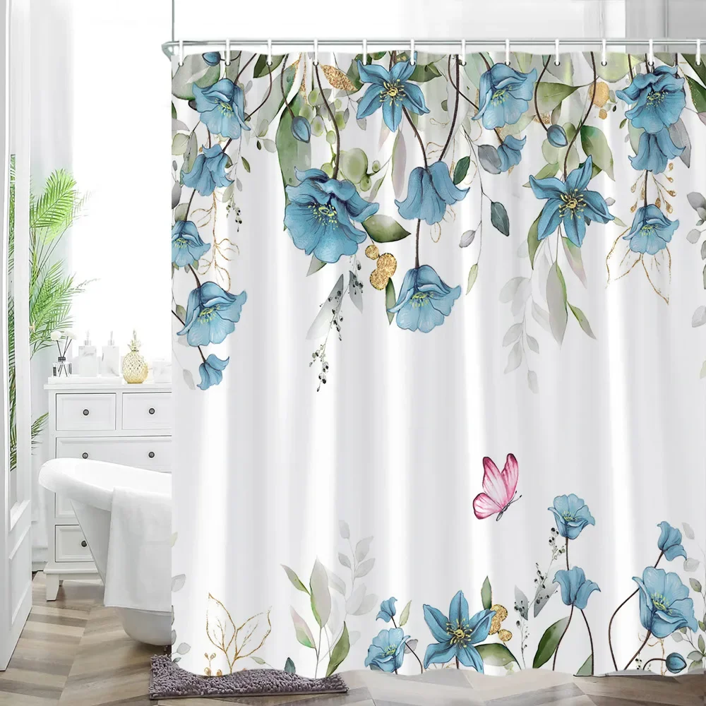 Yellow and Grey Floral Shower Curtain Watercolor Flower Shower Curtain for Bathroom Modern Minimalist White Fabric Bathroom Deco