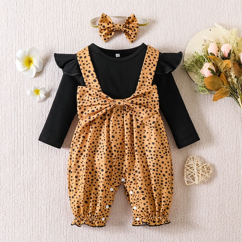 2pcs Baby Girls Winter Fly Sleeve Leopard Stripe Faux Two Piece Bodysuit Cotton Button Down Toddler Clothes with Bowknot 0-18M