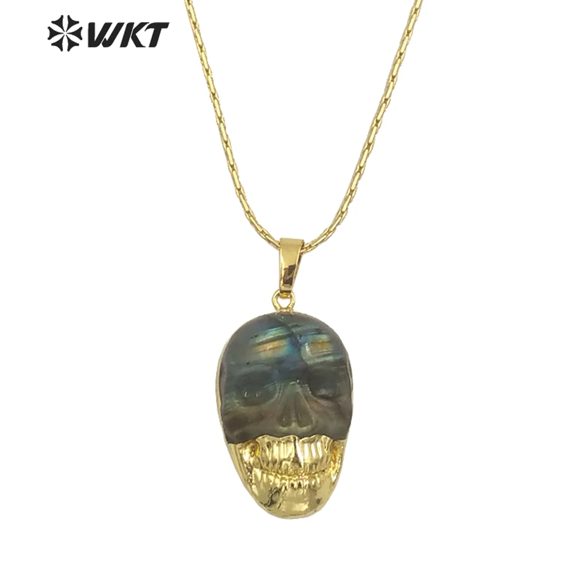 

WT-N1461 New Wholes Unique Skull 18k Gold Plated Design Labradorite Stone Pendant 18inch Necklace Unisex Accessories