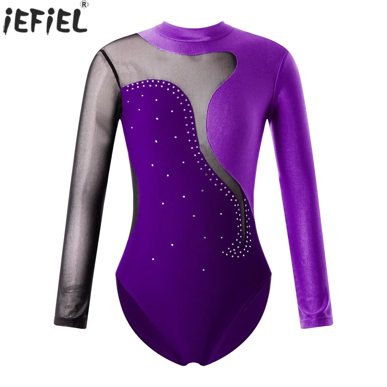 Kids Girls Ballet Dance Leotards Long Sleeve Shiny Rhinestone Bodysuit Gymnastics Workout Jumpsuit Skating Performance Costumes