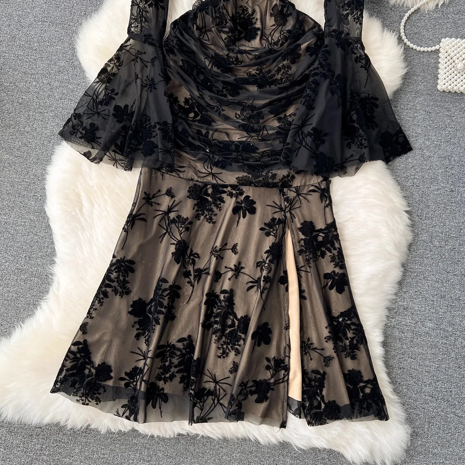 Robe sirène florale à manches longues évasées pour femmes, robe transparente en maille sexy, robe de soirée vintage élégante, robe éducative