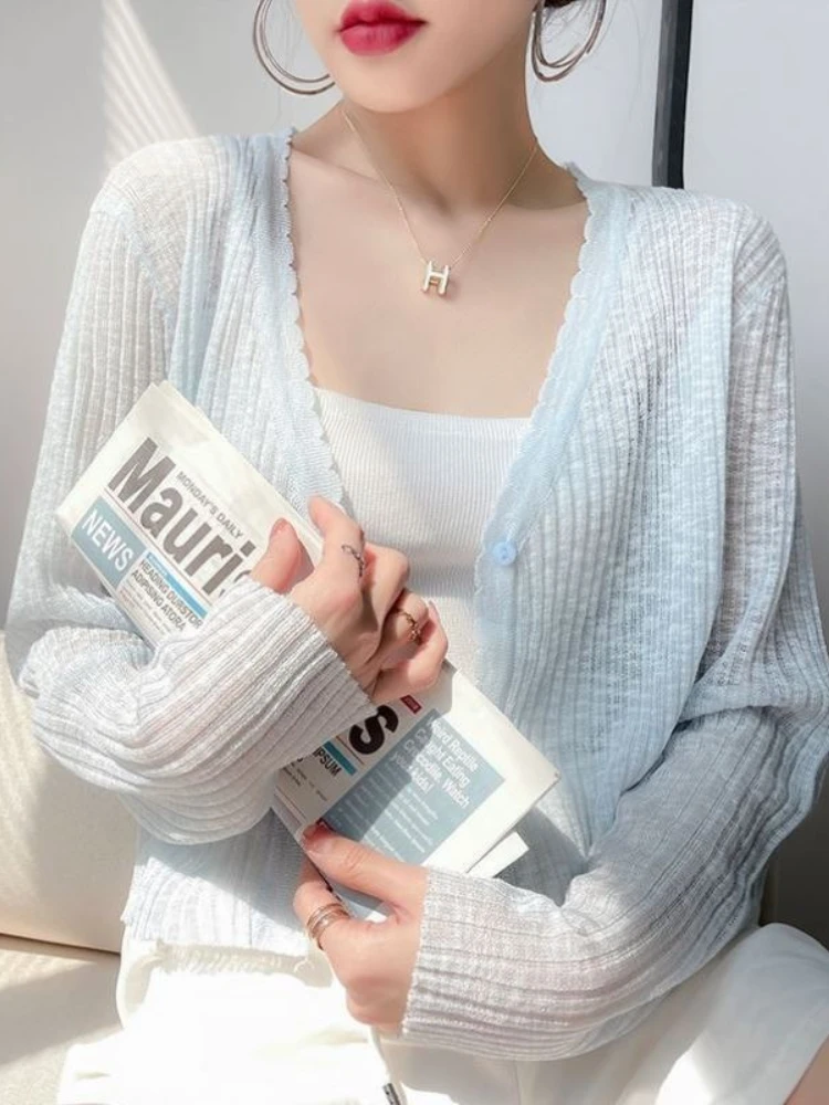 

Zjaiss Французский стиль: Солнцезащитный шарф-свитер, Весна-Лето 2026, Тонкий вязаный кардиган из ледяного шелка, Женский укороченный вязаный топ