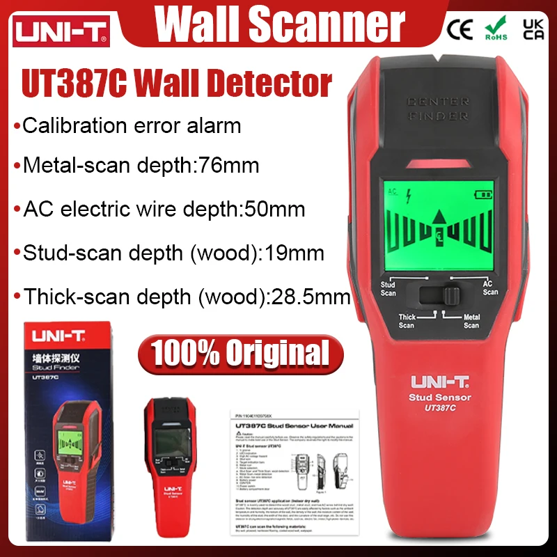 

UNI-T UT387C Wall Scanner Metal Detector 4 in 1 AC Voltage Live Wire Wood Stud Finder Copper Buzzer Calibration UT387E UT387S