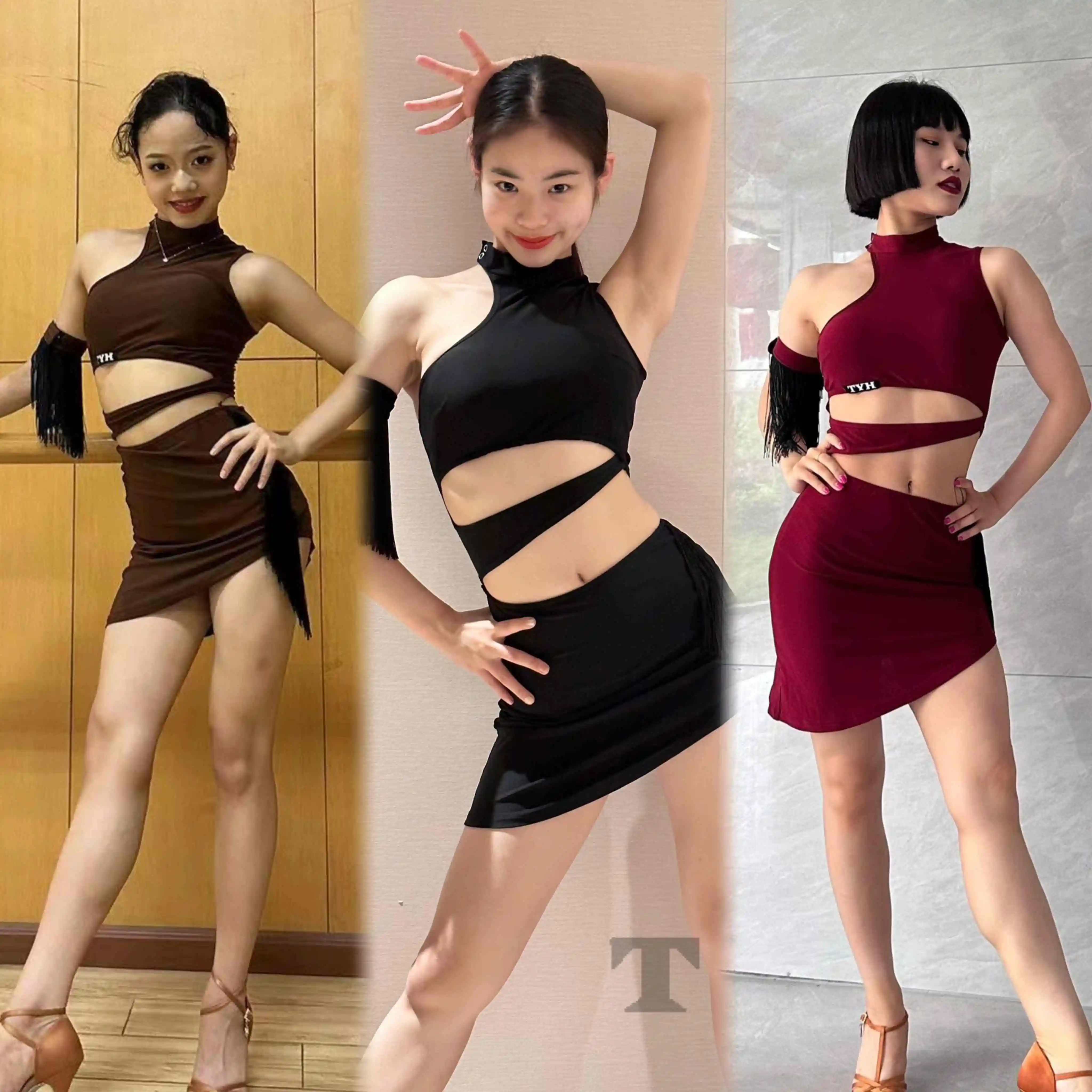 

Сексуальное платье для латинских танцев, женское короткое платье нестандартной формы с вырезами, клубная одежда для румбы, самбы, танго, танцевальная практика, черное платье NV26062