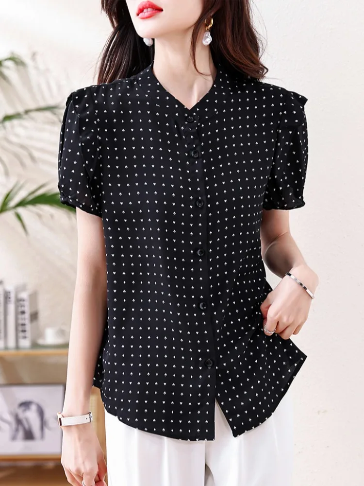 

Summer 2025 Women's round Ne Floral Print Bubble Sve irt Slim Fit Casual Versatile Top Faionable Ele Casual Wear