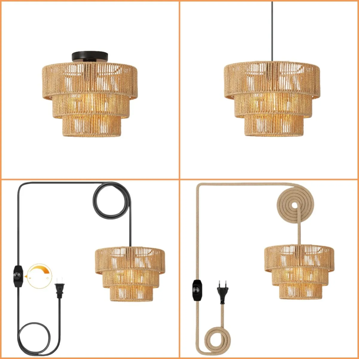 

JOYINLED 30cm Braided Paper Rope Chandelier Boho Rattan Pendant Light E27 Vintage Lighting Dining Table Living Room Bedroom Lamp