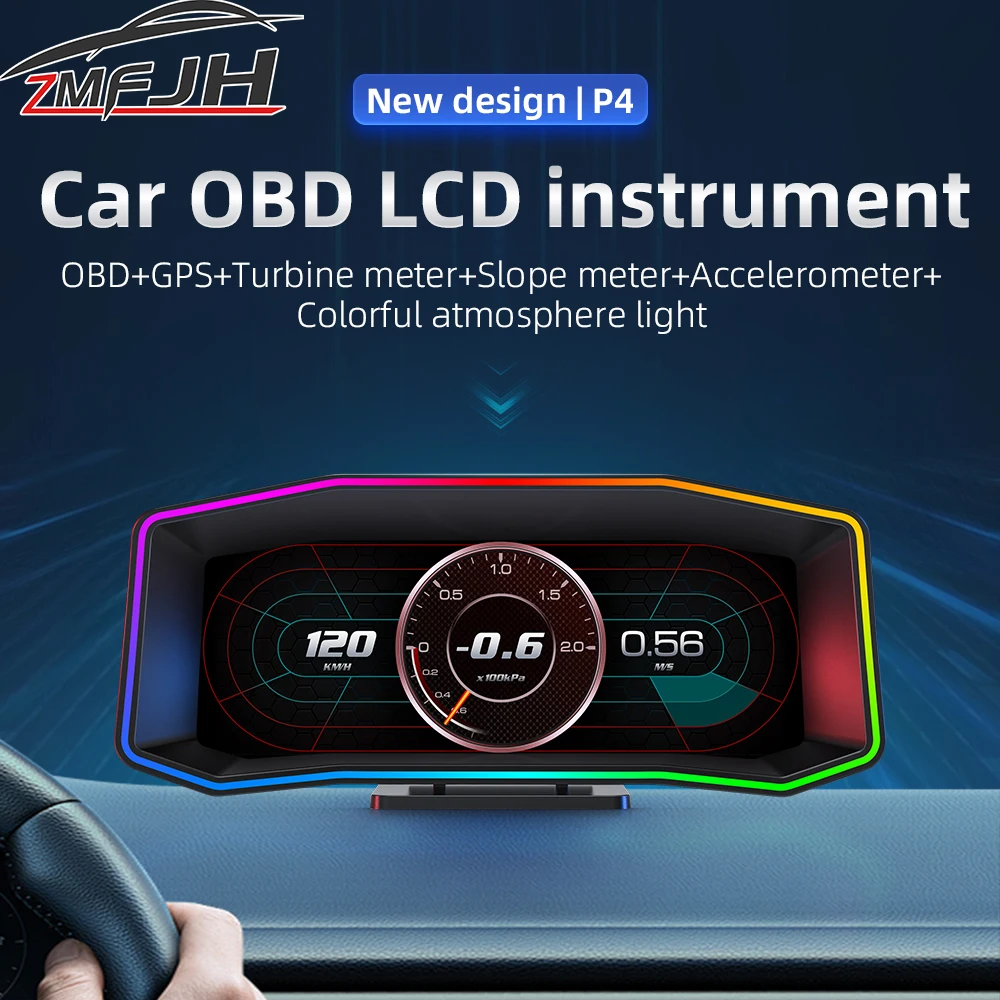 

P4 Smart OBD Head Up Display GPS Slope Meter Gauge RPM Water Temp Fuel Level Gauge Clock Speed Meter Total Mileage Instrument