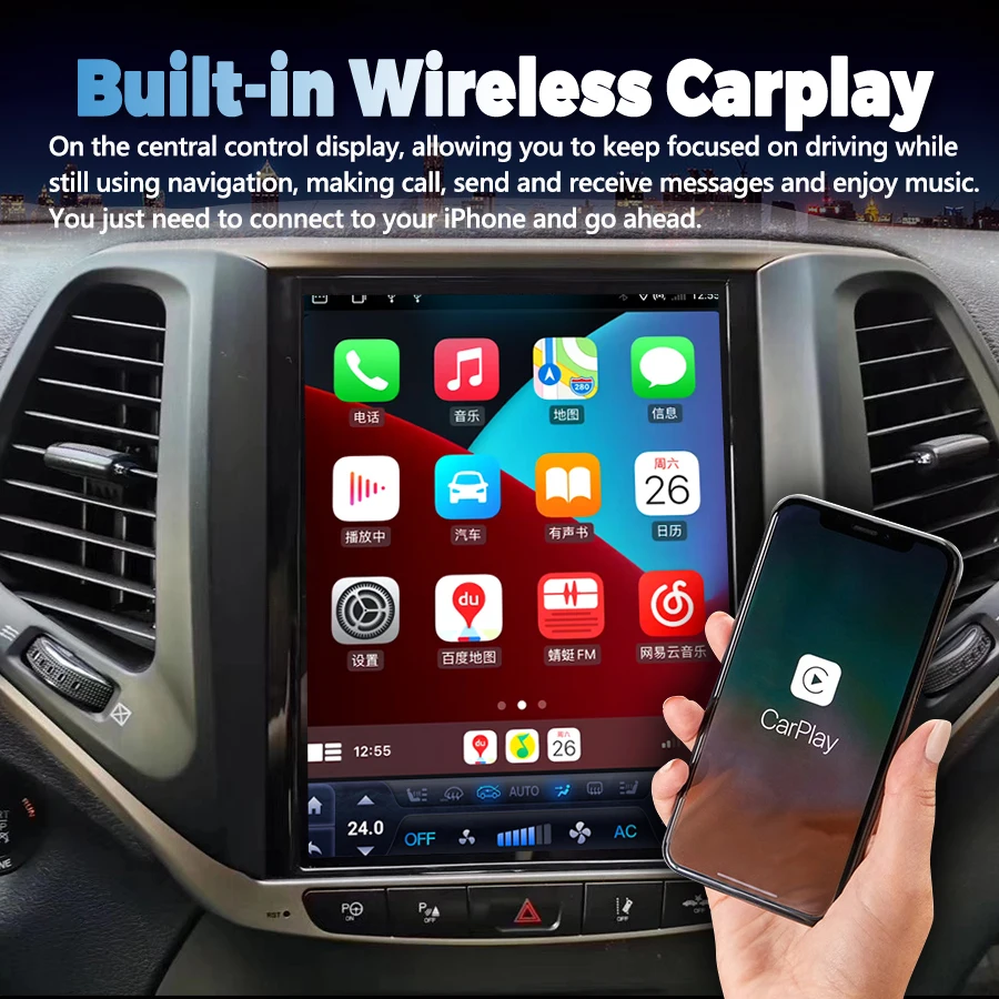 8GB+128GB Car Multimedia Player GPS For JEEP Cherokee 2013-2018 tesla style 10.4inch Navigation Stereo Wireless CarPlay 8Core