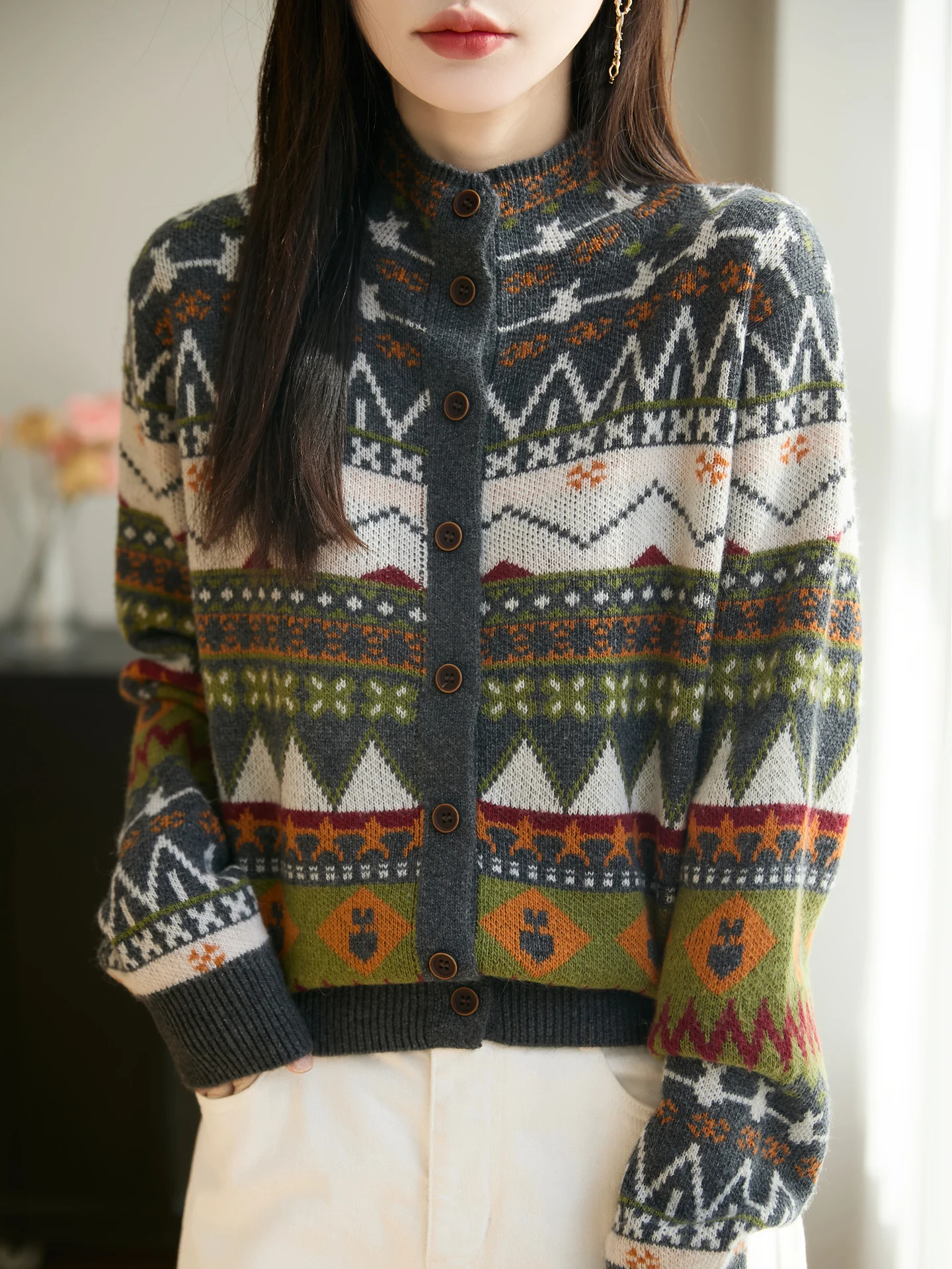 

Свободный длинный вязаный кардиган с высоким воротником для женщин, в стиле колор-блок, осенне-зимний универсальный свитер-жакет