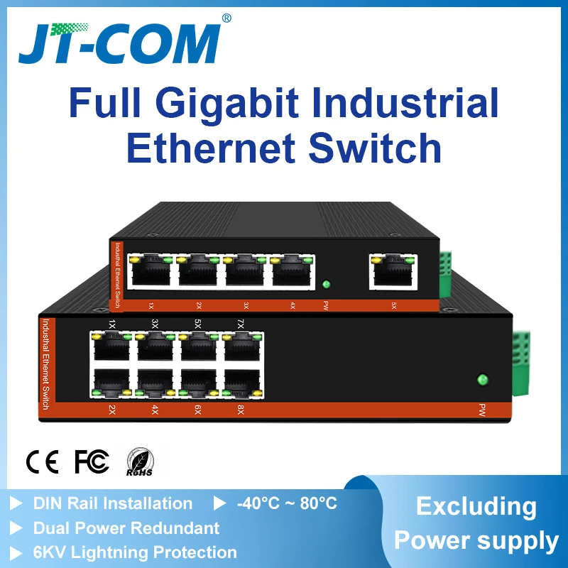 JT-COM 5/8 Port Full Gigabit Industrial Ethernet Switch 10/100/1000Mbps -40 to 85°C DIN-Rail IP40 6KV Lightning Protection