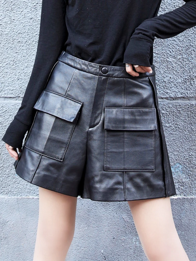

Winter New High Quality Genuine Real Leather Shorts Women's Wide Leg Pure Sheep Pants Loose Cargo Boot