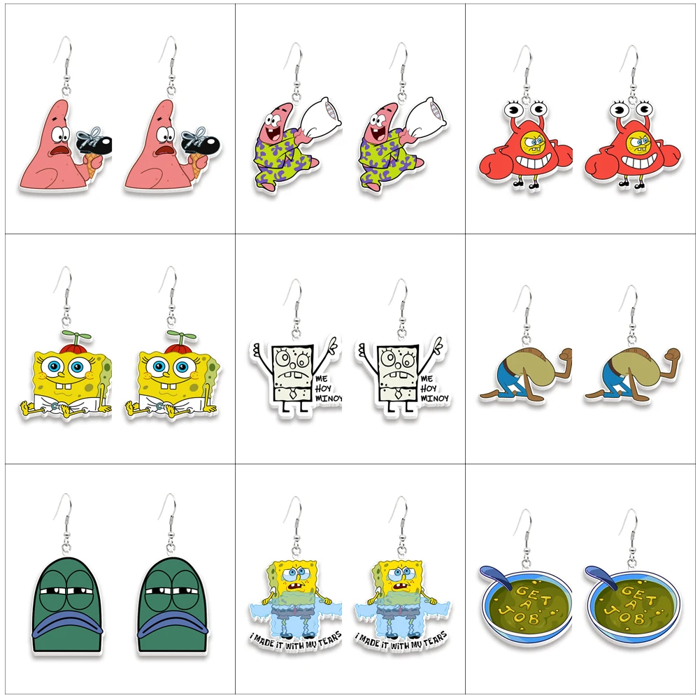 Pendientes de gota de gancho de Anime famoso, pendientes acrílicos de Bob Esponja de dibujos animados, joyería hecha a mano, pendientes de gancho de pescado de resina epoxi