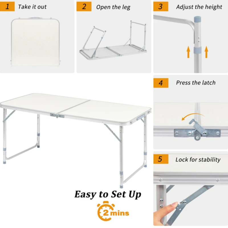 4-футовый белый портативный складной стол с регулируемой высотой, многоцелевой для кемпинга, пикников, вечеринок, дизайн алюминиевой и деревянной доски
