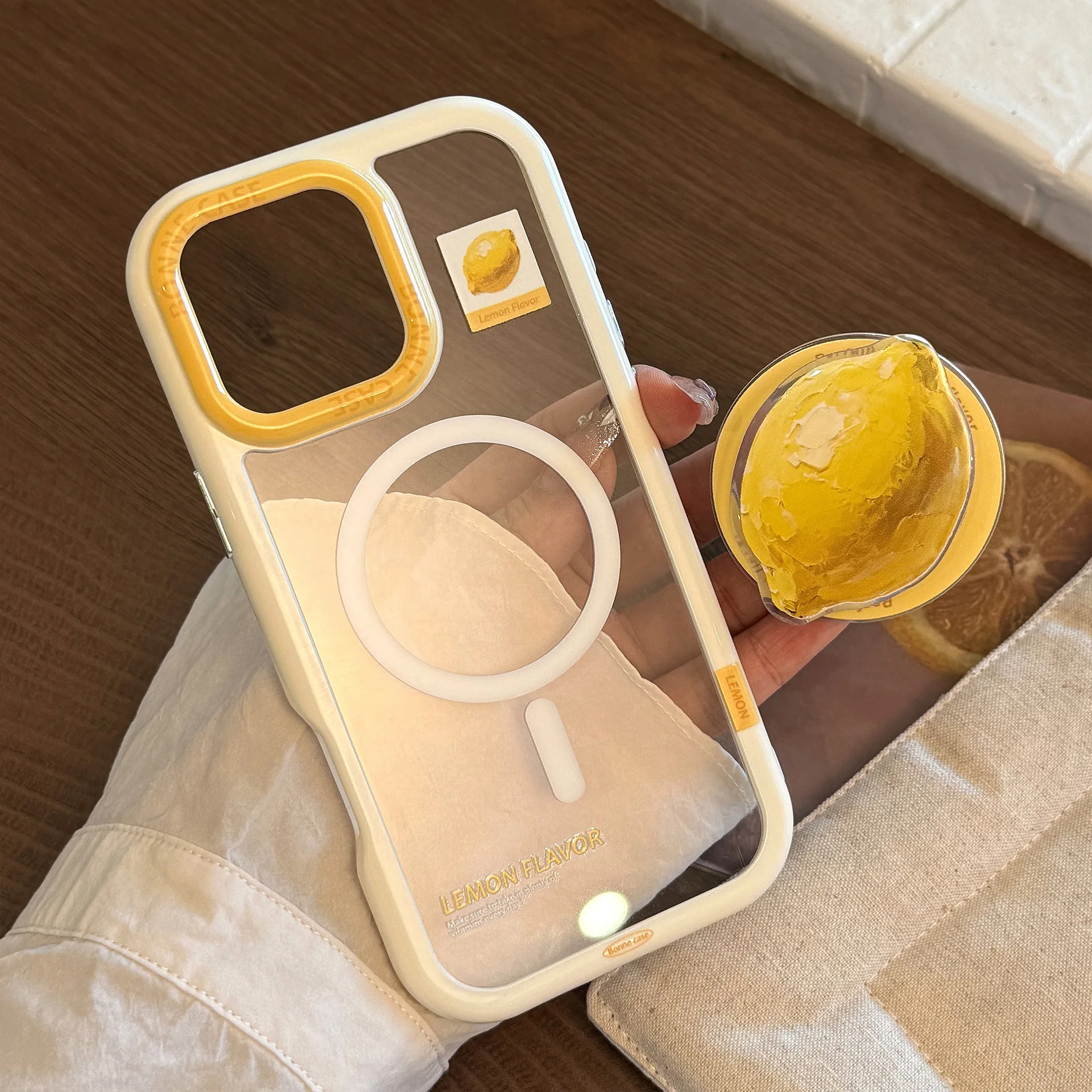 Koreanische gelbe Zitrone-Handyhülle mit magnetischer Halterung für iPhone 17, Air 16, 15, 14, 13, 12, 11, Pro Max, transparente, stoßfeste Hartschale aus Acryl