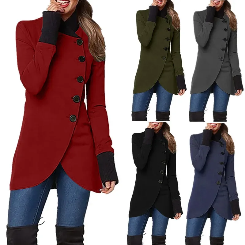 

Women's Su Autumn Winter Pure Color Long Sleeve Jacket with Split Hem And Single Button Splicing Design V Neck Silk Cotton Blend